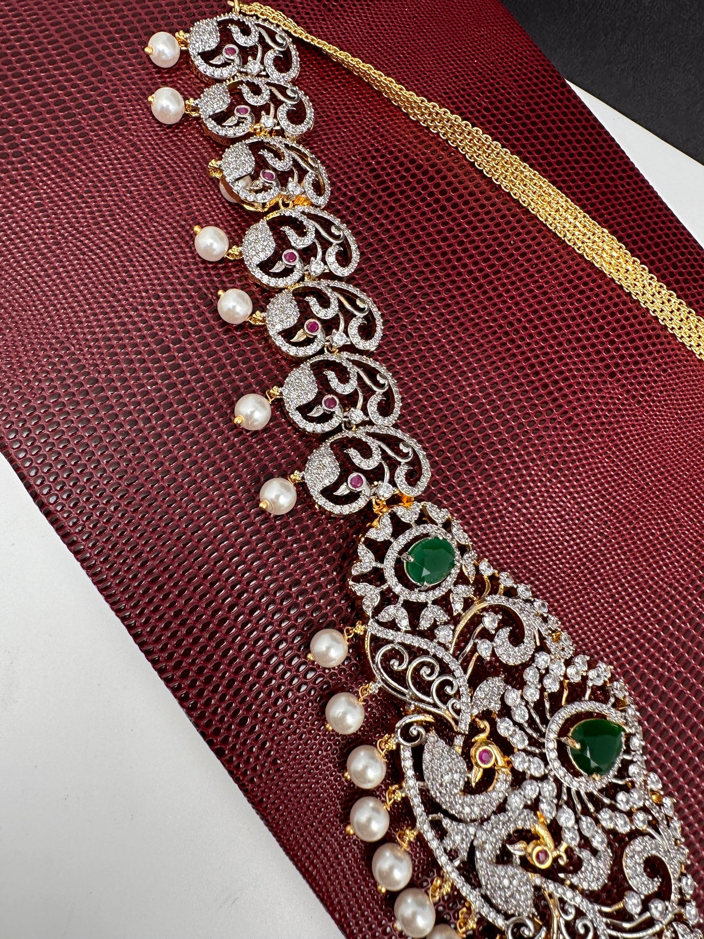 AD Ganga Jamuna Polish Color Stone Pearls Peacock Design Hip Chain Kamarbandh - Green