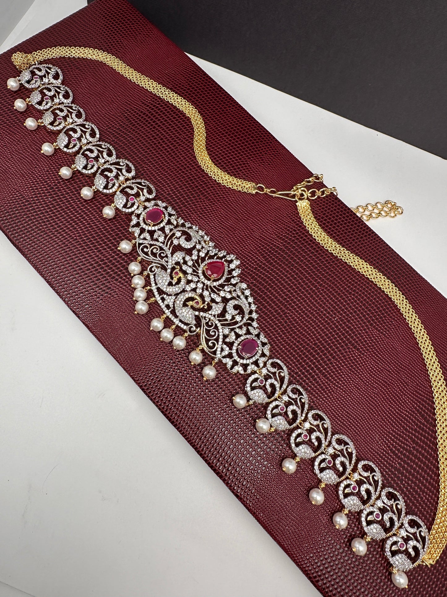 AD Ganga Jamuna Polish Color Stone Pearls Peacock Design Hip Chain Kamarbandh - Red