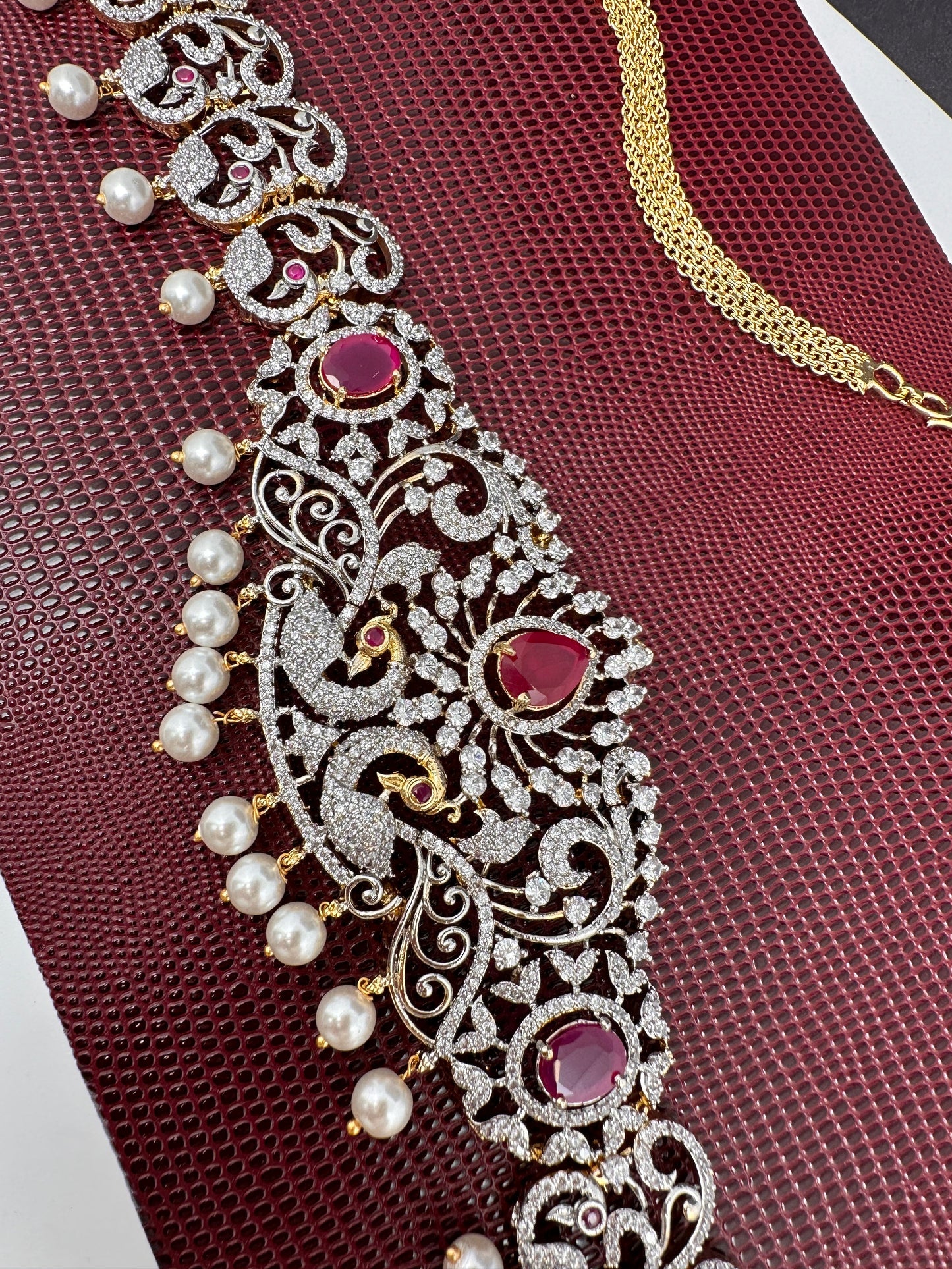 AD Ganga Jamuna Polish Color Stone Pearls Peacock Design Hip Chain Kamarbandh - Red