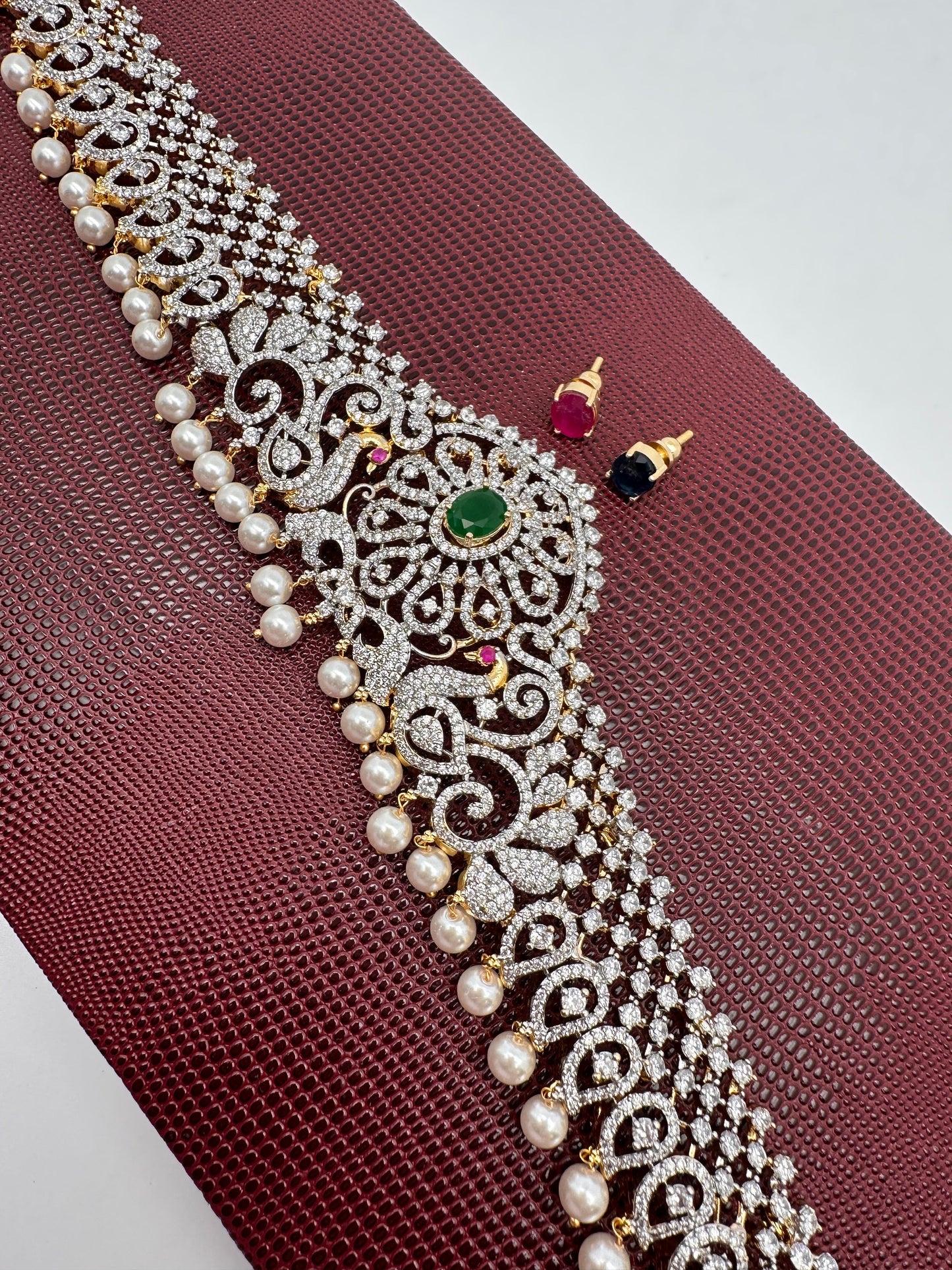 AD Ganga Jamuna Polish Changeable Color Stone Pearls Peacock Design Hip Chain Kamarbandh