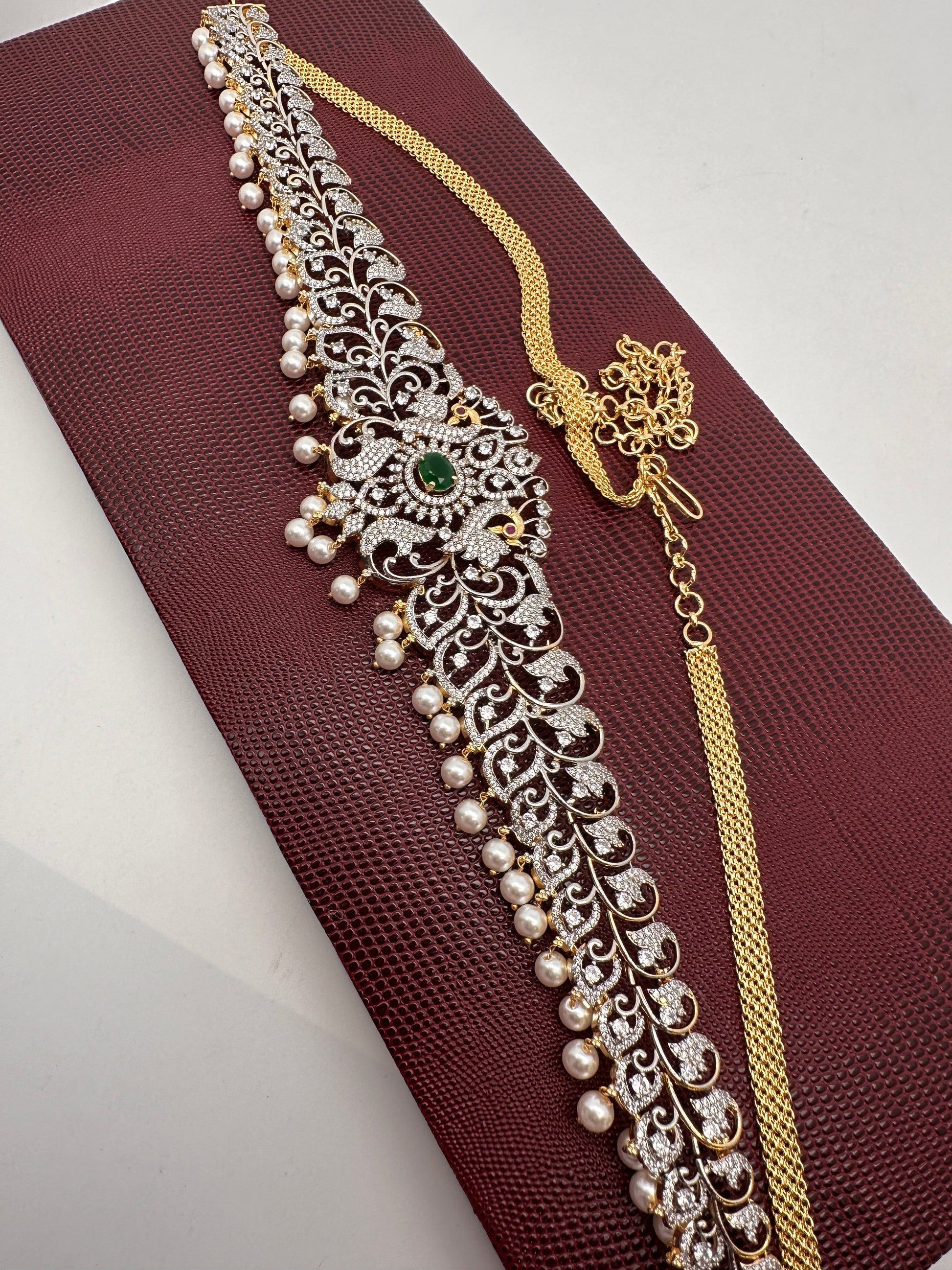 AD Ganga Jamuna Polish Color Stone Pearls Peacock Design Hip Chain Kamarbandh - Green