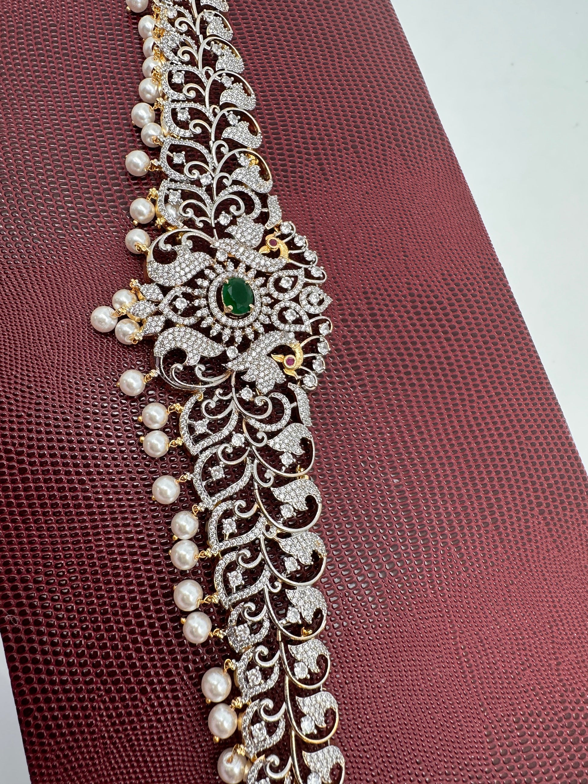 AD Ganga Jamuna Polish Color Stone Pearls Peacock Design Hip Chain Kamarbandh - Green