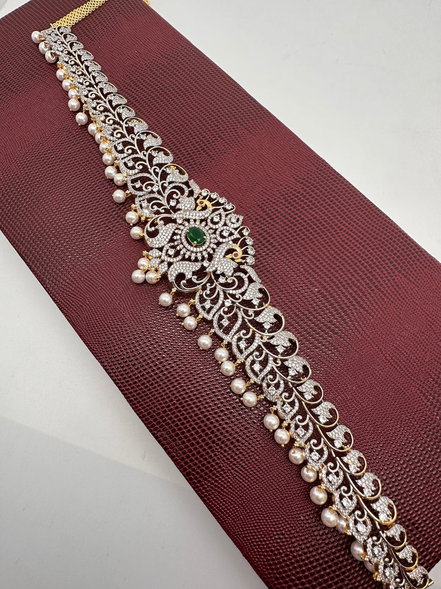 AD Ganga Jamuna Polish Color Stone Pearls Peacock Design Hip Chain Kamarbandh - Green