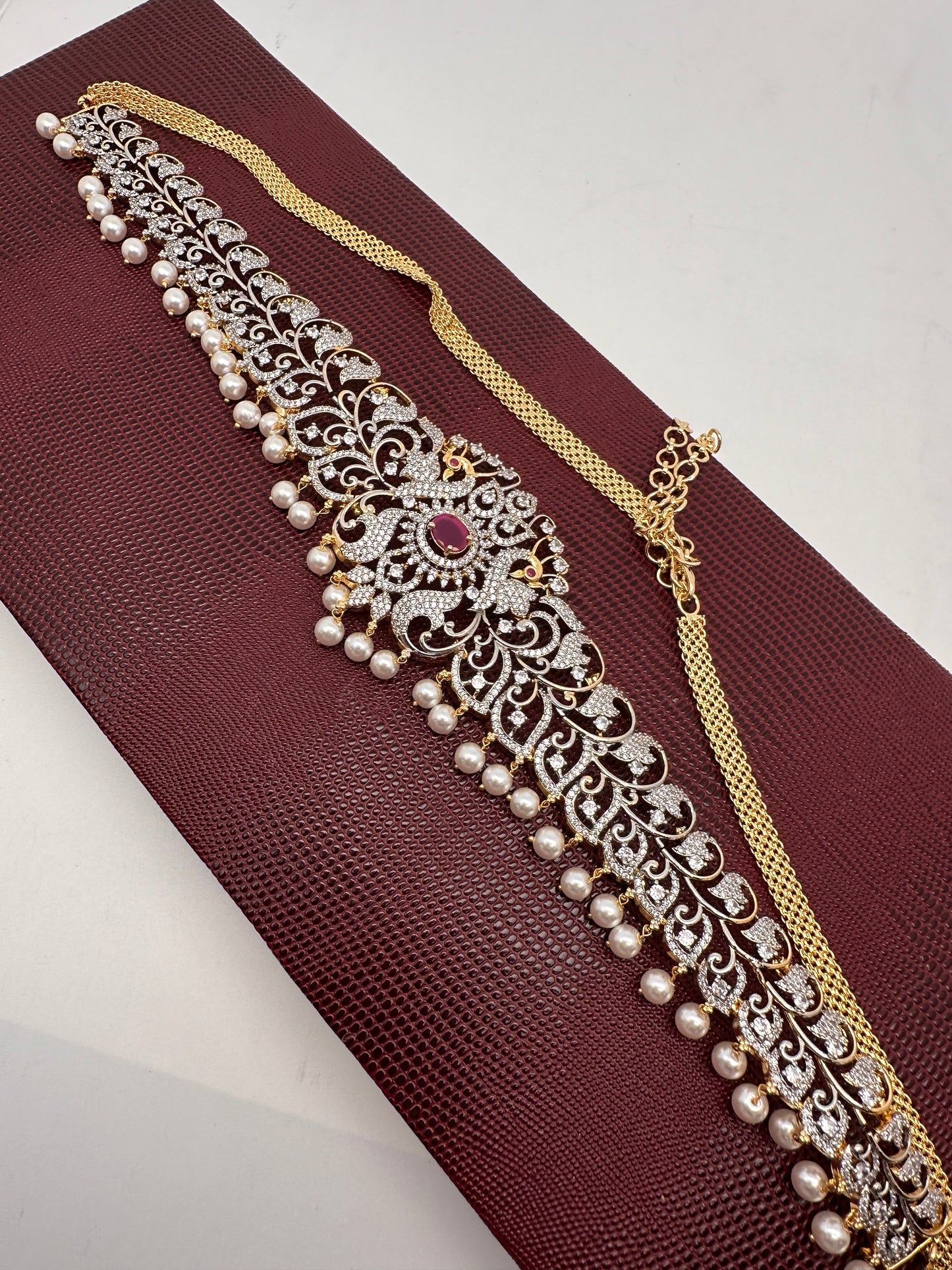 AD Ganga Jamuna Polish Color Stone Pearls Peacock Design Hip Chain Kamarbandh - Red