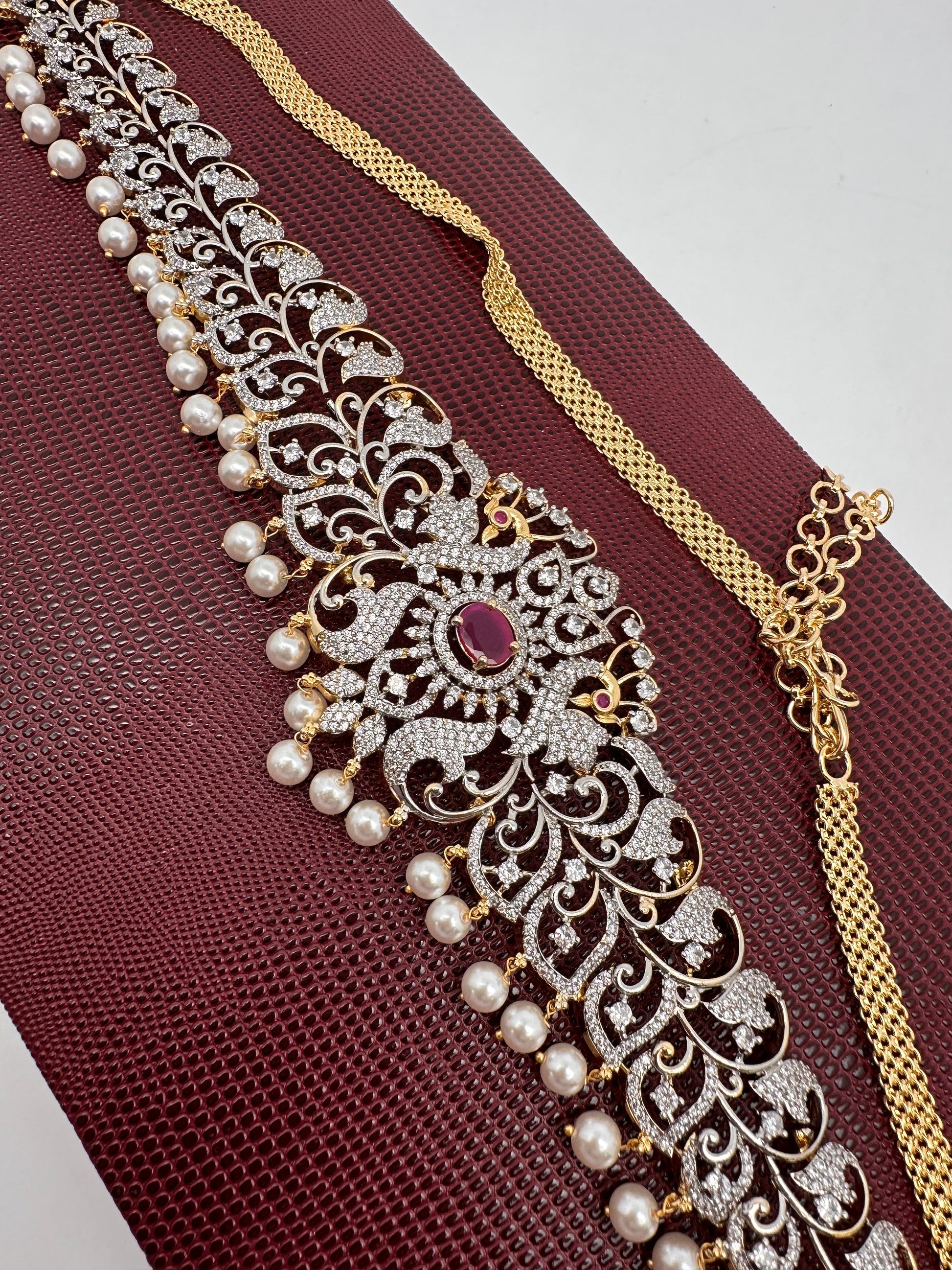 AD Ganga Jamuna Polish Color Stone Pearls Peacock Design Hip Chain Kamarbandh - Red