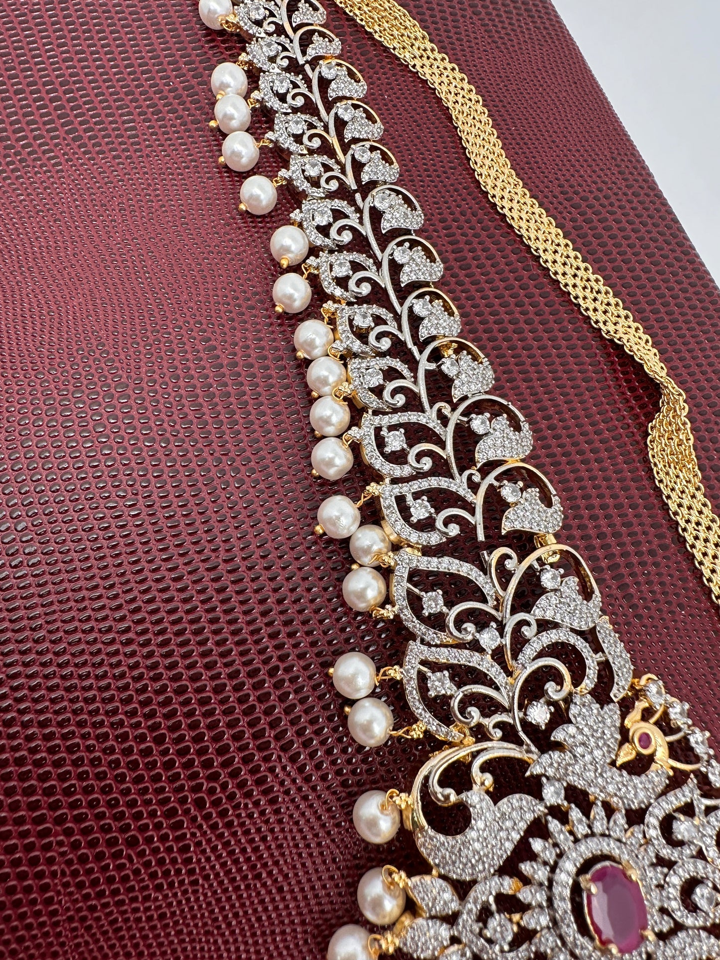 AD Ganga Jamuna Polish Color Stone Pearls Peacock Design Hip Chain Kamarbandh - Red