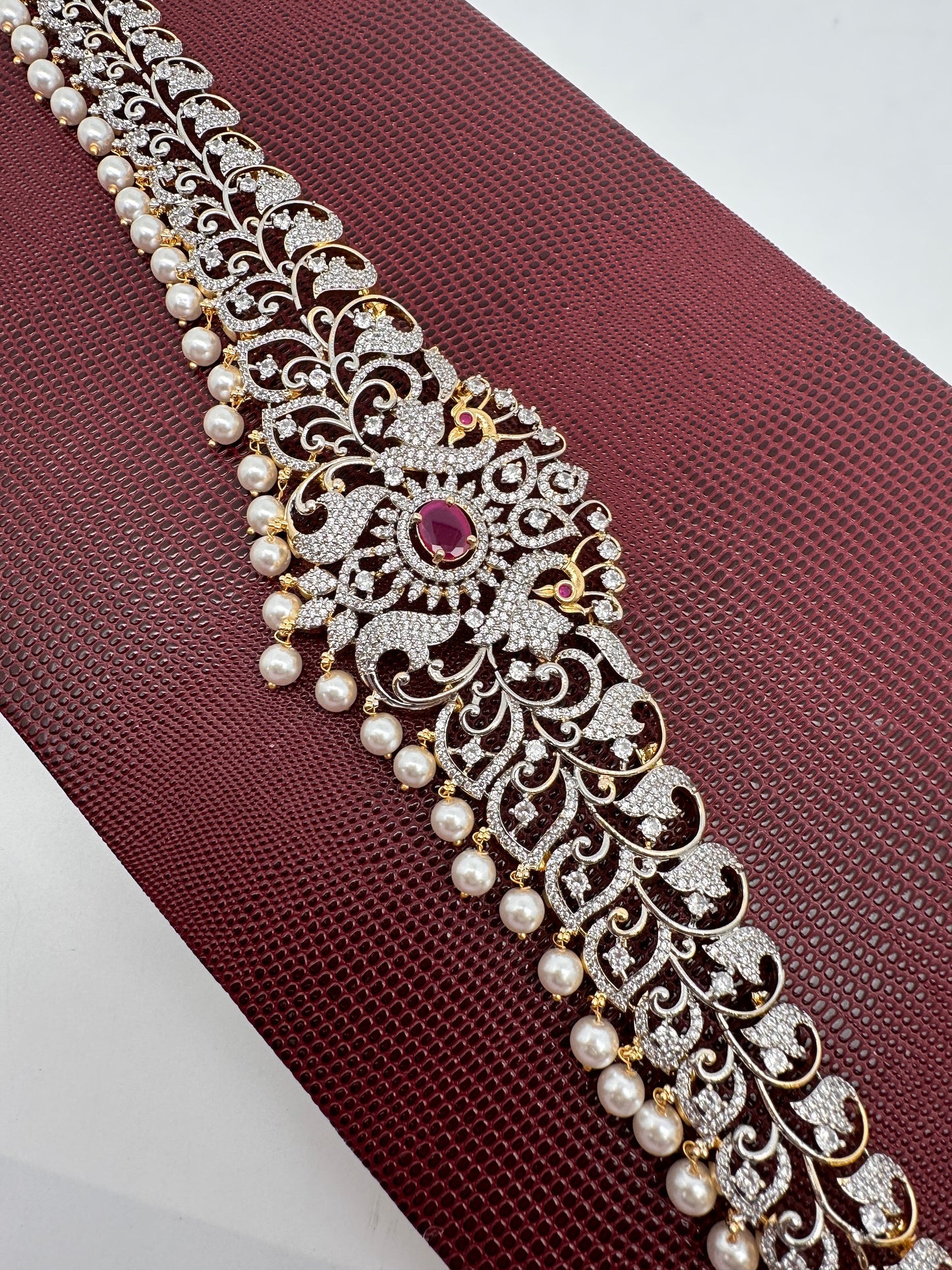 AD Ganga Jamuna Polish Color Stone Pearls Peacock Design Hip Chain Kamarbandh - Red