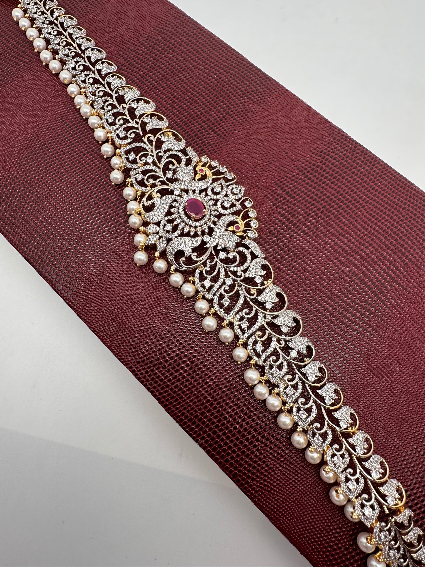 AD Ganga Jamuna Polish Color Stone Pearls Peacock Design Hip Chain Kamarbandh - Red