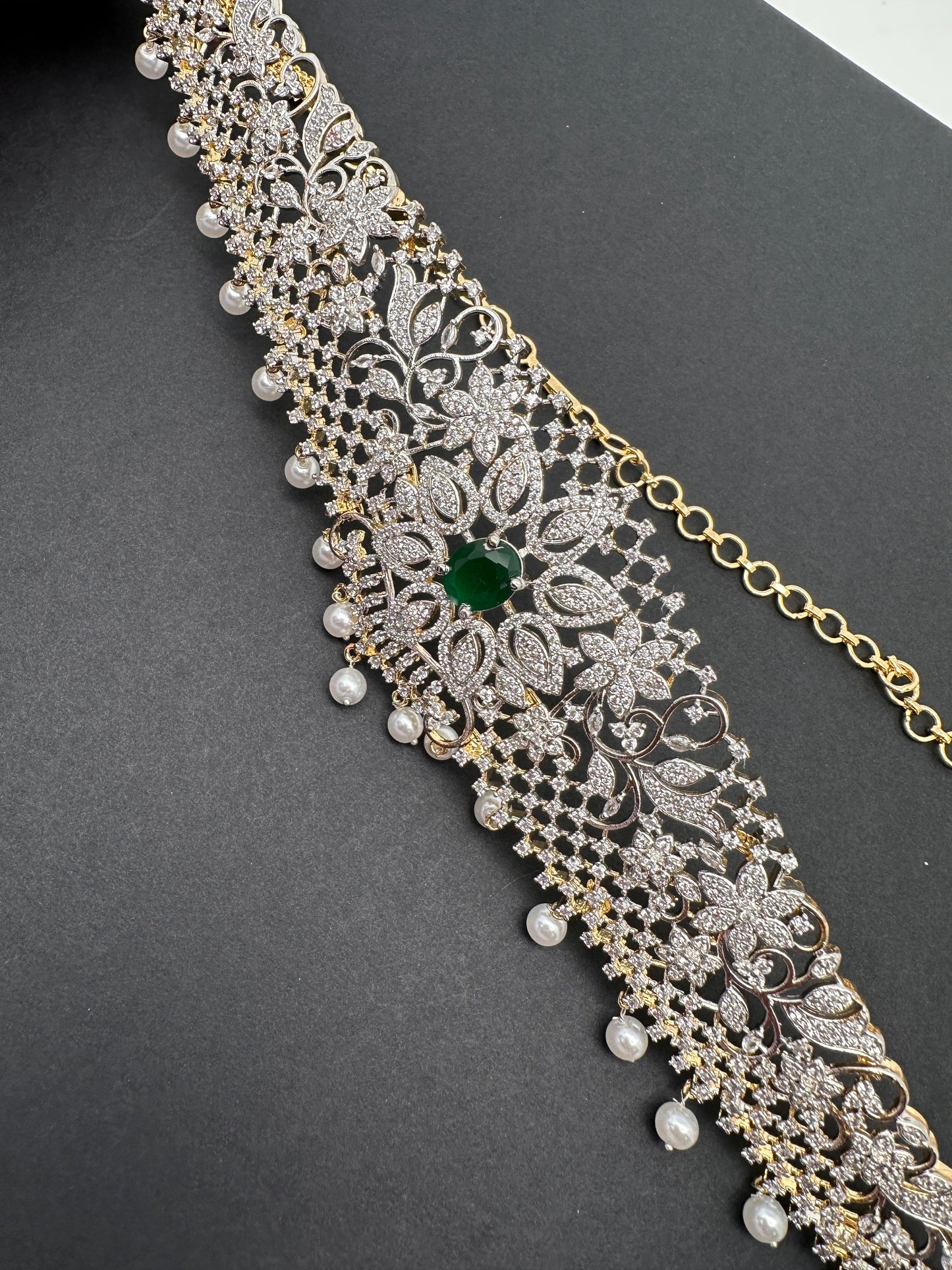 AD Ganga Jamuna Polish Color Stone Pearls Floral Design Hip Chain Kamarbandh - Green