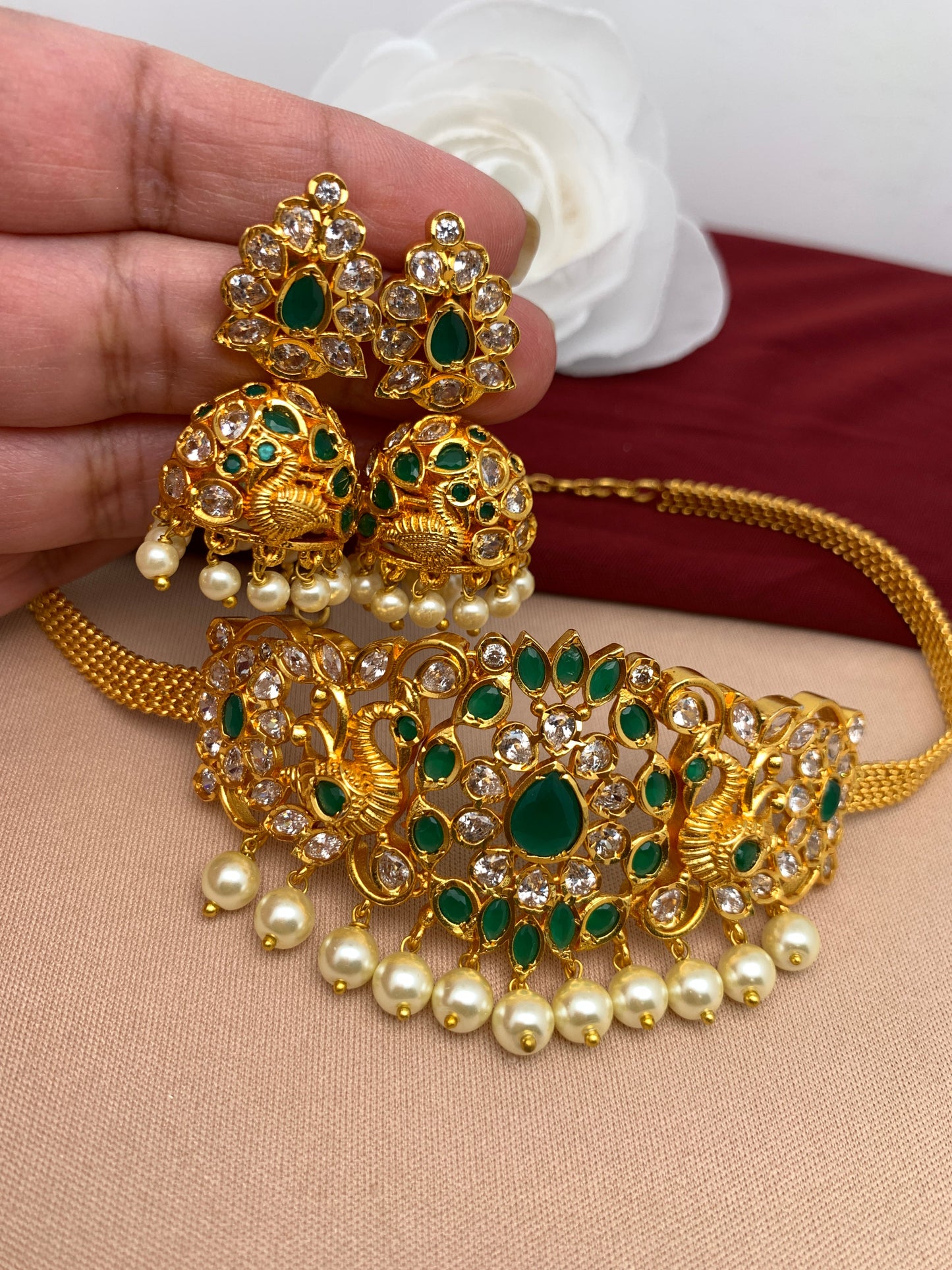 Green Stone CZ Choker with Jhumki