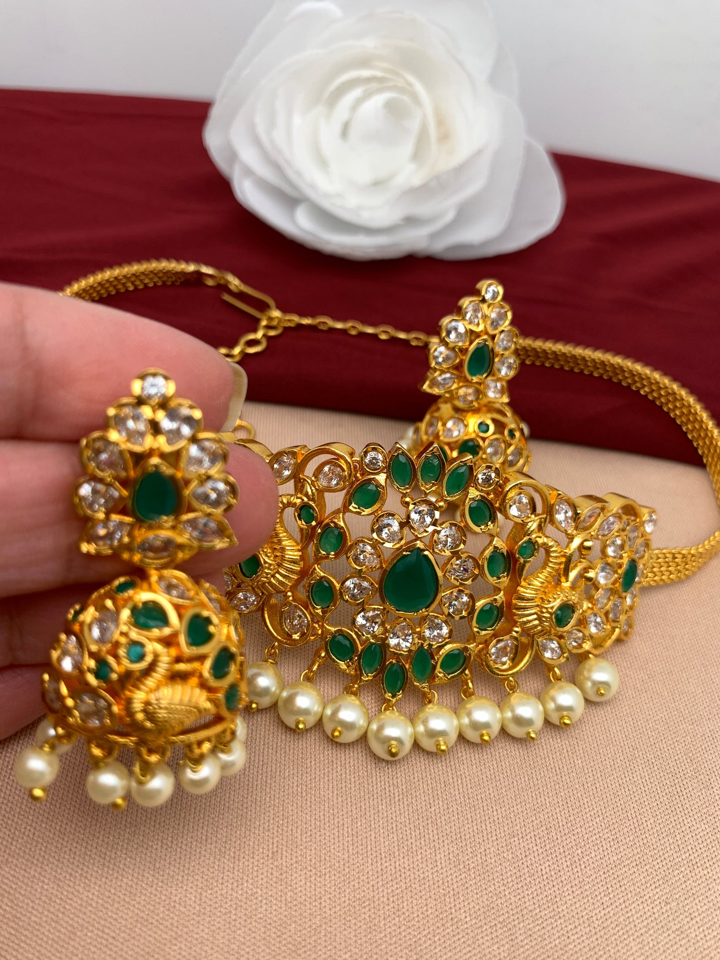 Green Stone CZ Choker with Jhumki