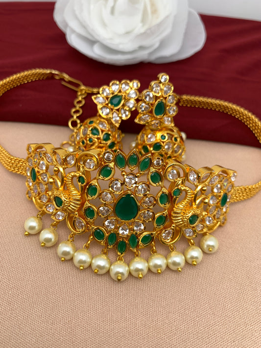 Green Stone CZ Choker with Jhumki