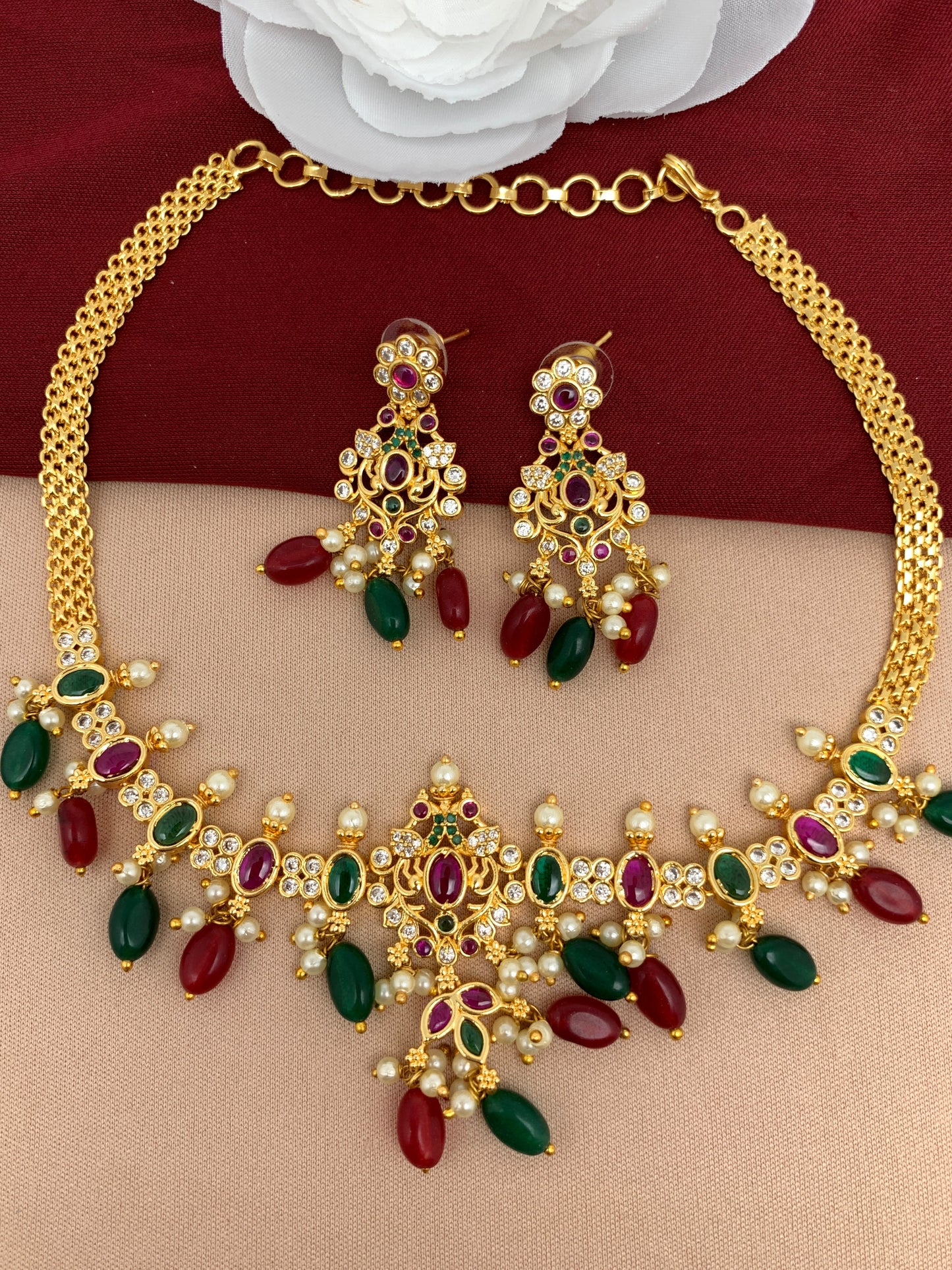 Red Green Stone CZ Red Green Beads Choker