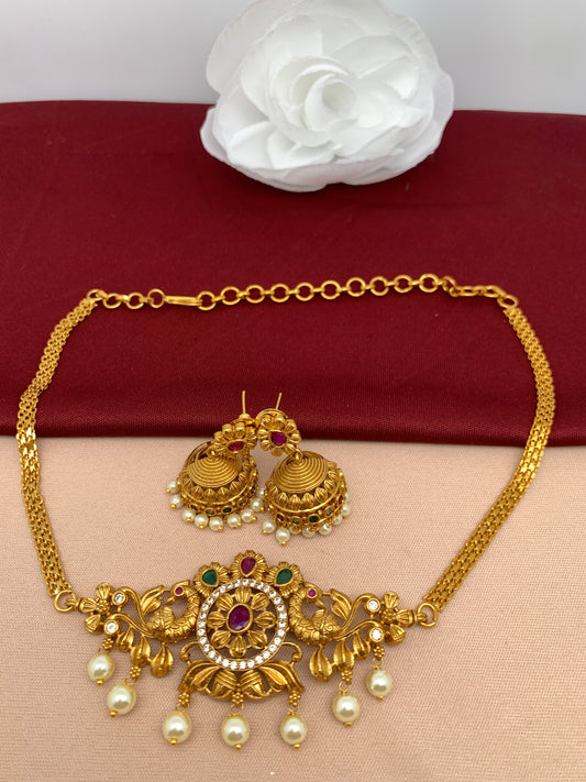 Peacock Multi Stone Choker with matching jhumkis