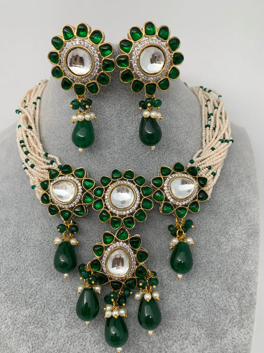 Kundan Green Stone with Sugar Beads Dual Polish Choker