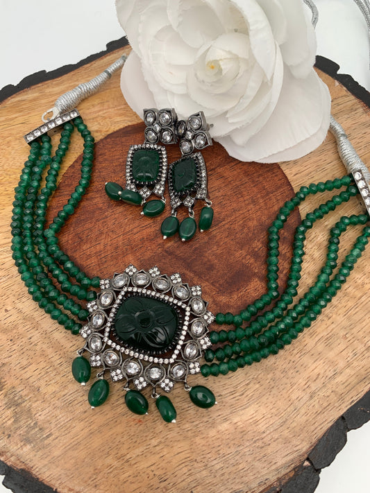 Green Stone AD Victorian Polish Pendent Green Onyx Beads Choker