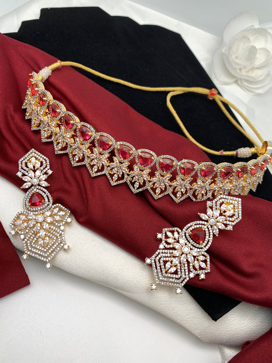 American Diamond Wine Red Stone Choker