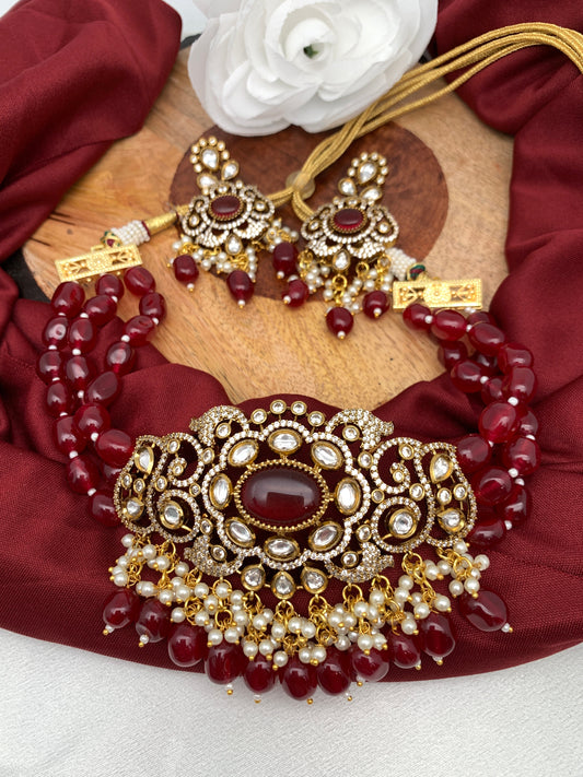 Kundan Red Stone CZ Dual Tone Pendent Red Beads Choker