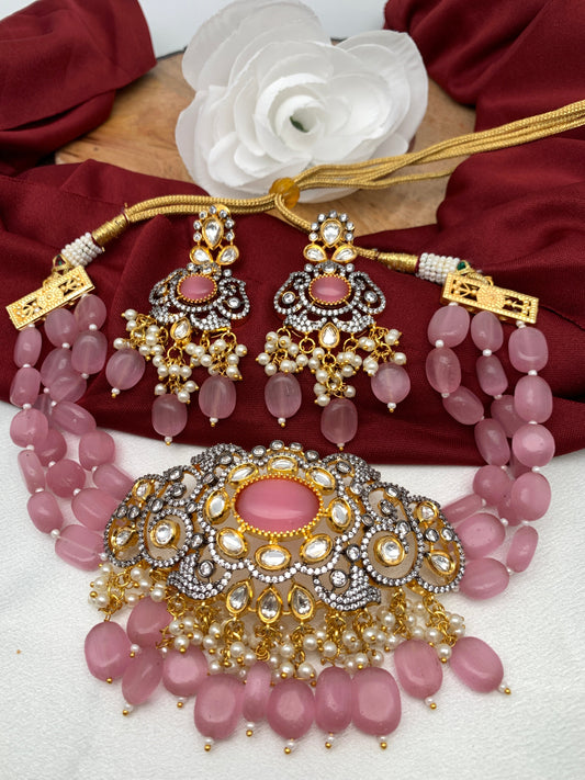 Kundan Pink Stone CZ Dual Tone Pendent Pink Beads Choker