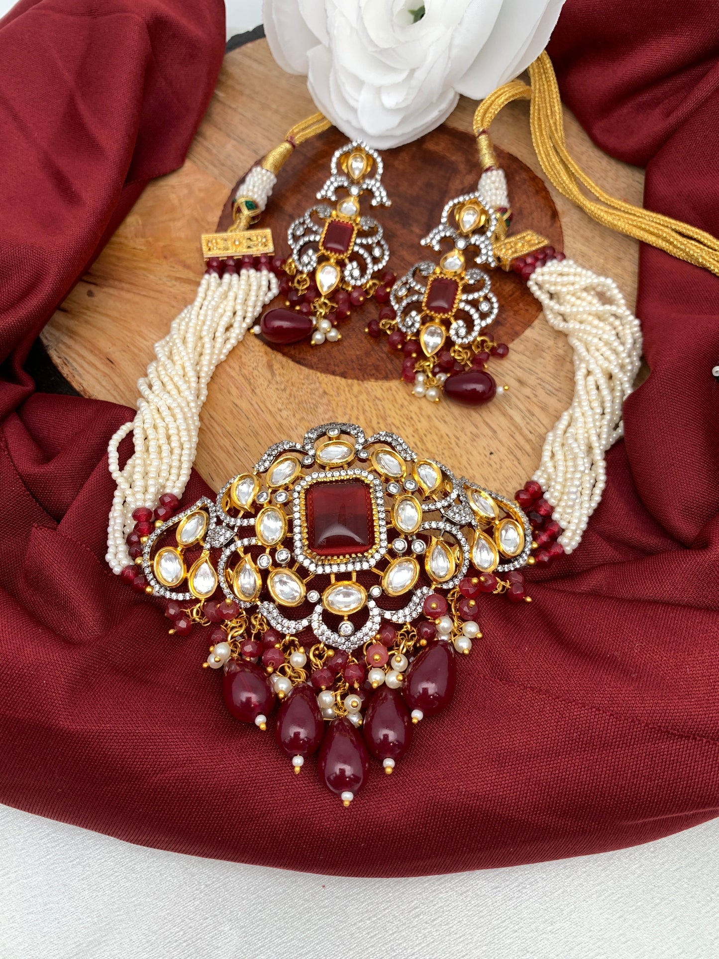 Kundan Red Stone CZ Dual Tone Pendent White Hydro Beads Choker