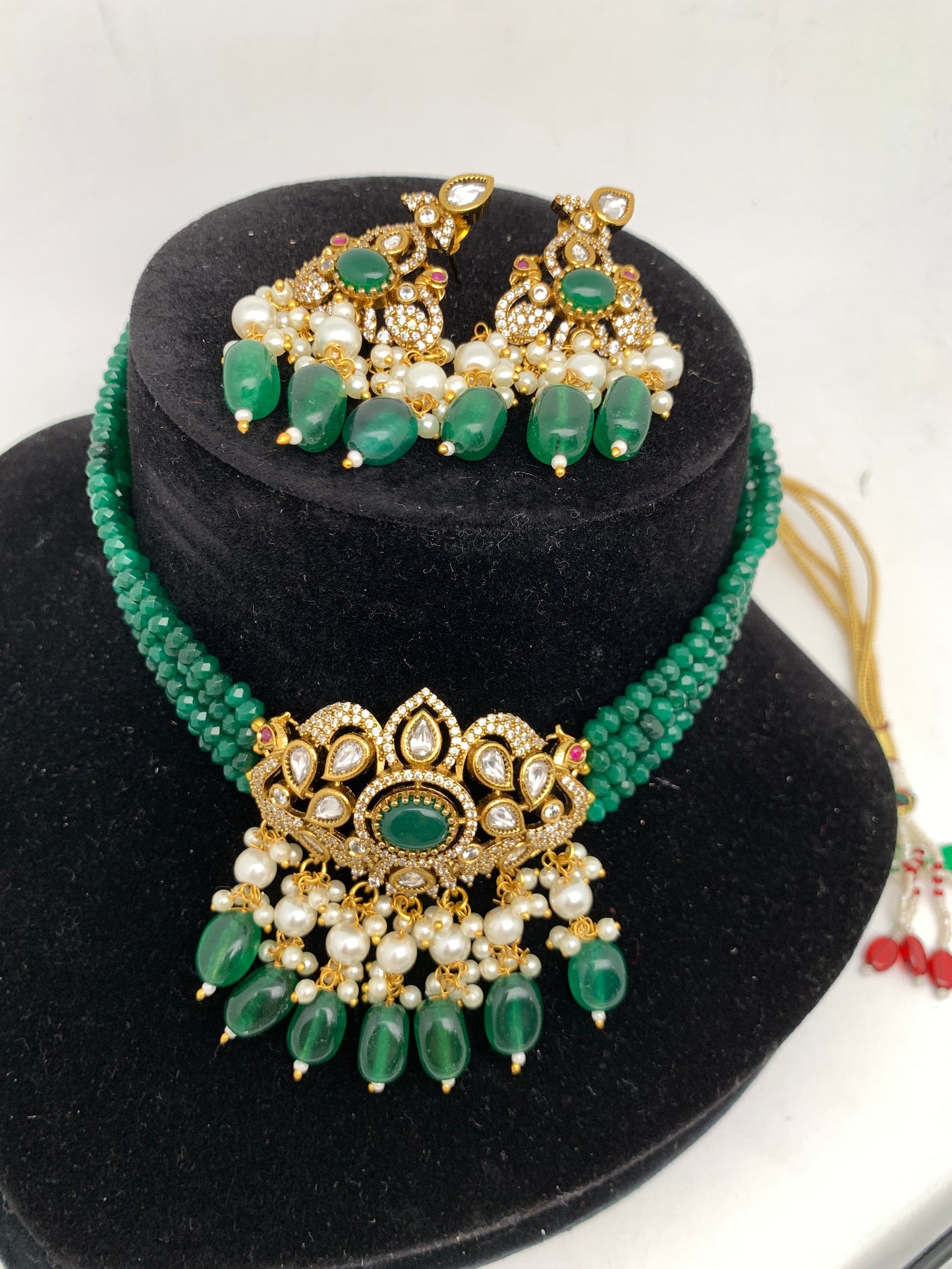 Kundan Green Stone CZ Pendent Green Beads Choker