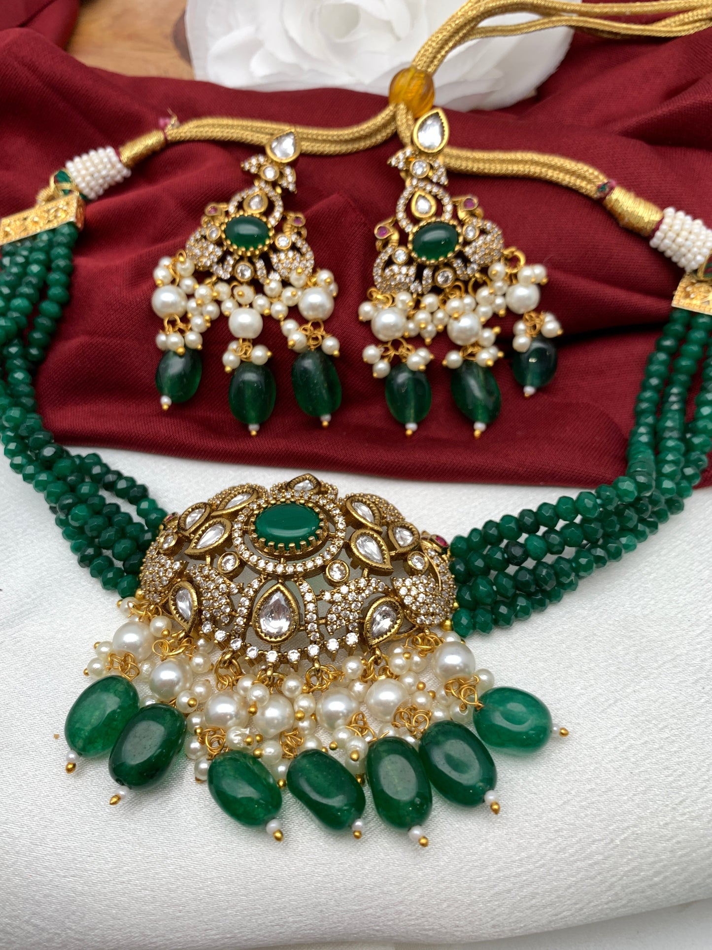 Kundan Green Stone CZ Pendent Green Beads Choker