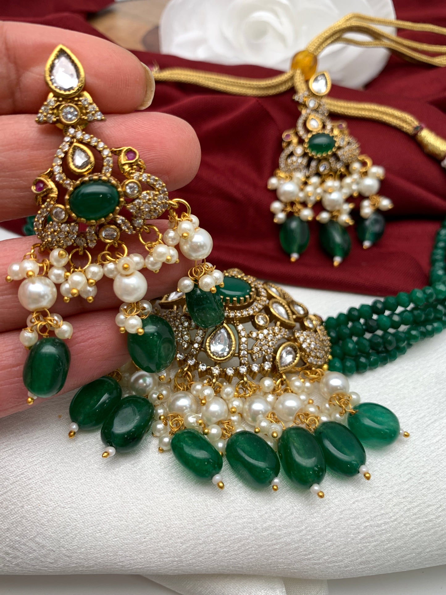 Kundan Green Stone CZ Pendent Green Beads Choker