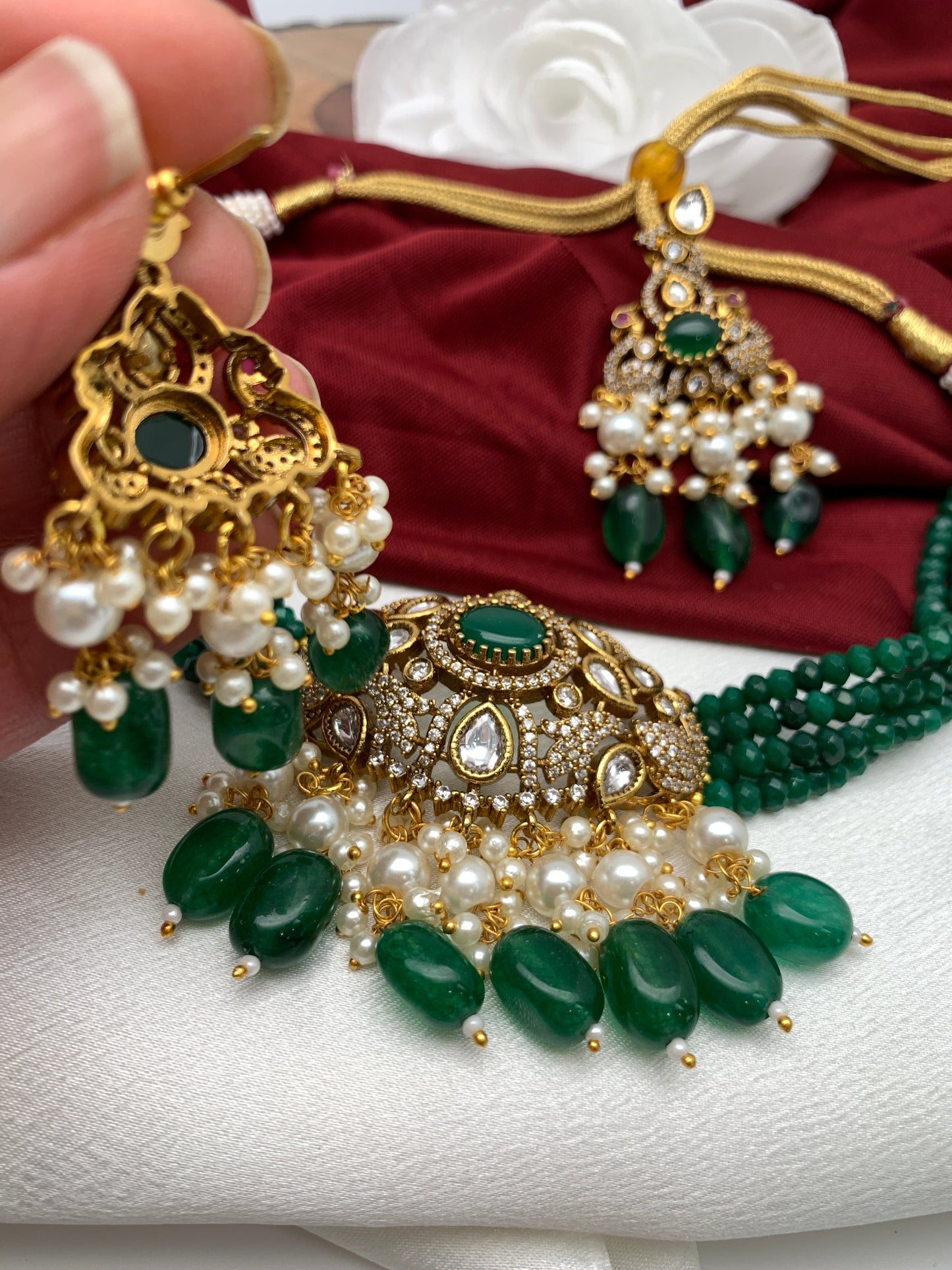 Kundan Green Stone CZ Pendent Green Beads Choker