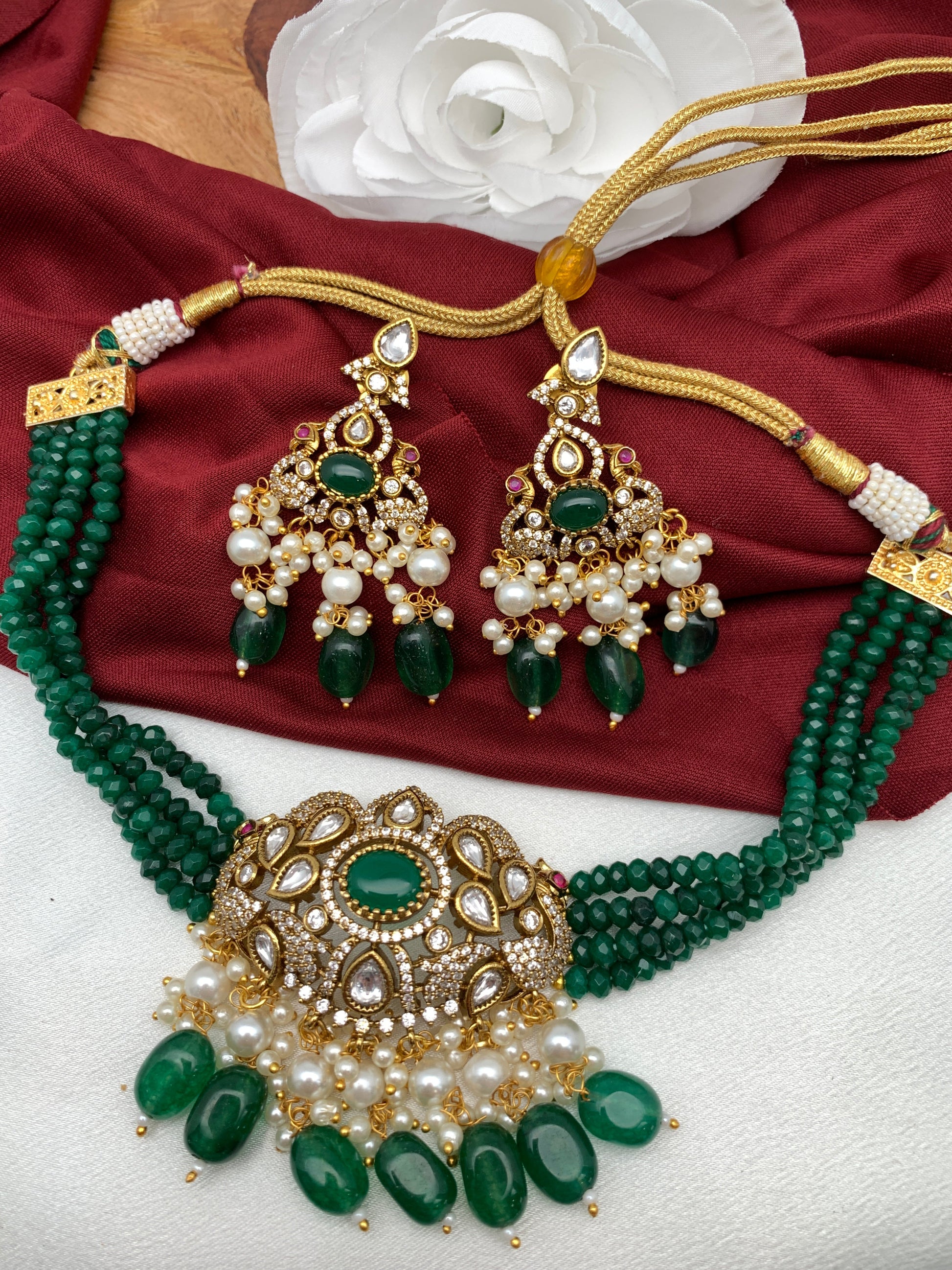 Kundan Green Stone CZ Pendent Green Beads Choker