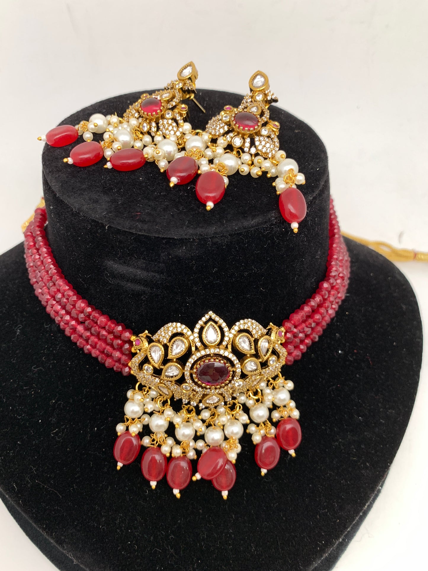 Kundan Red Stone CZ Pendent Red Beads Choker