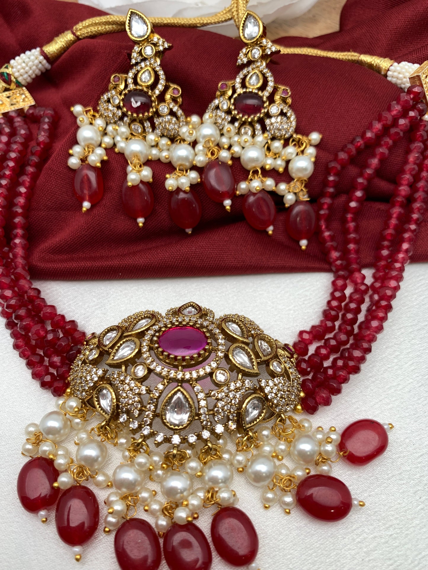 Kundan Red Stone CZ Pendent Red Beads Choker