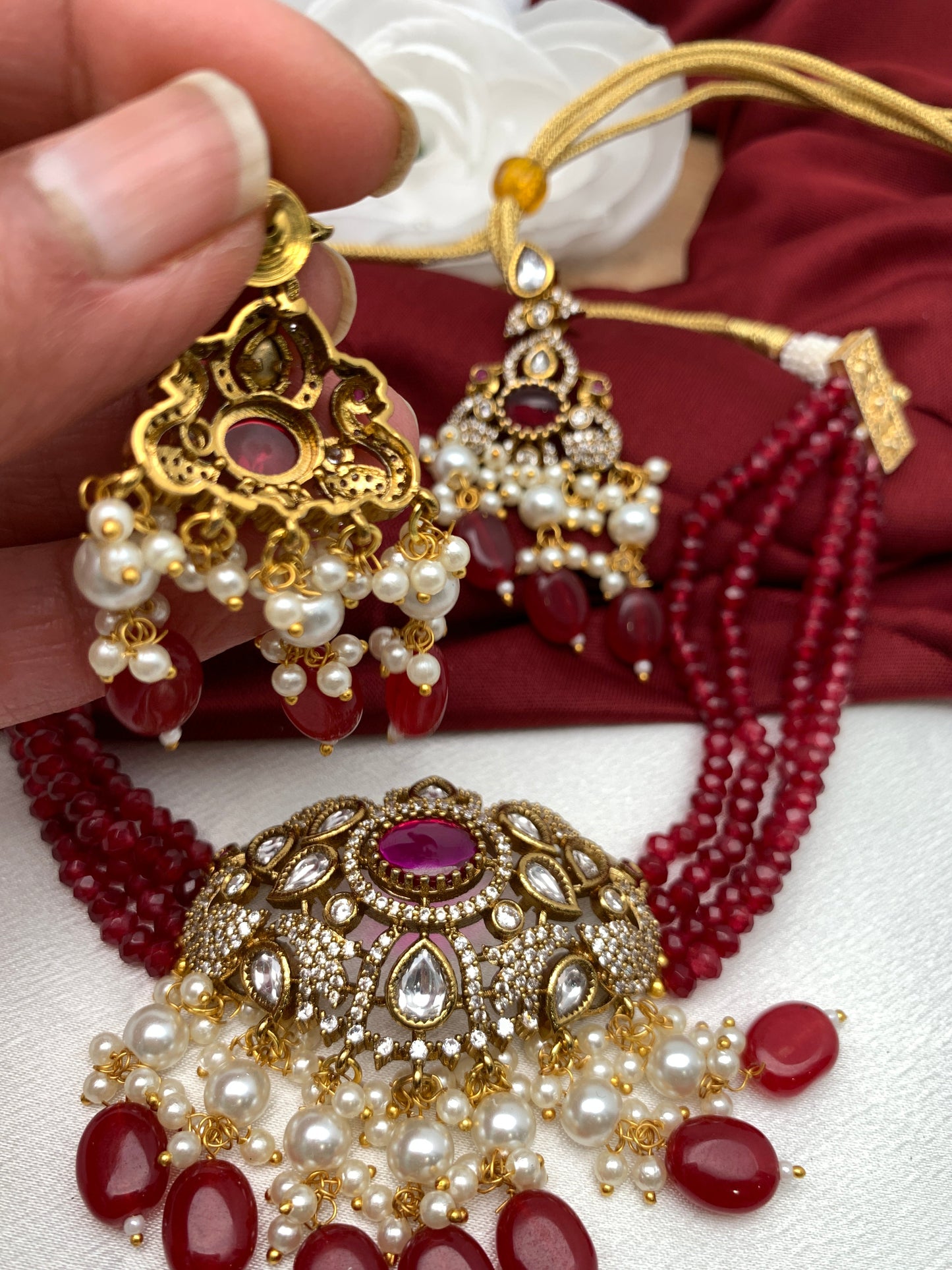 Kundan Red Stone CZ Pendent Red Beads Choker