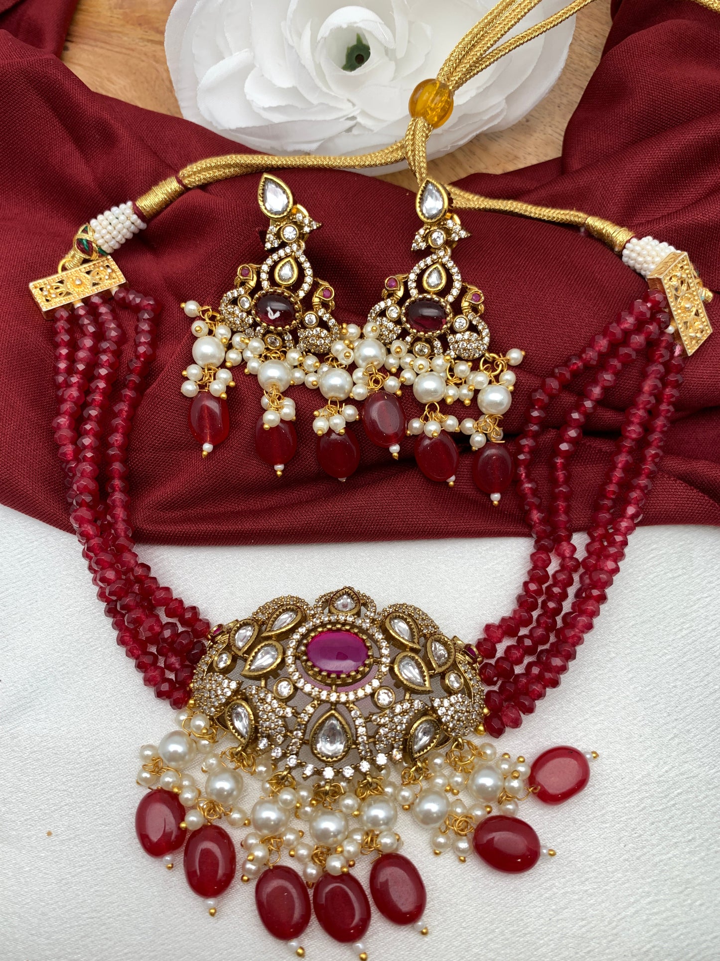 Kundan Red Stone CZ Pendent Red Beads Choker