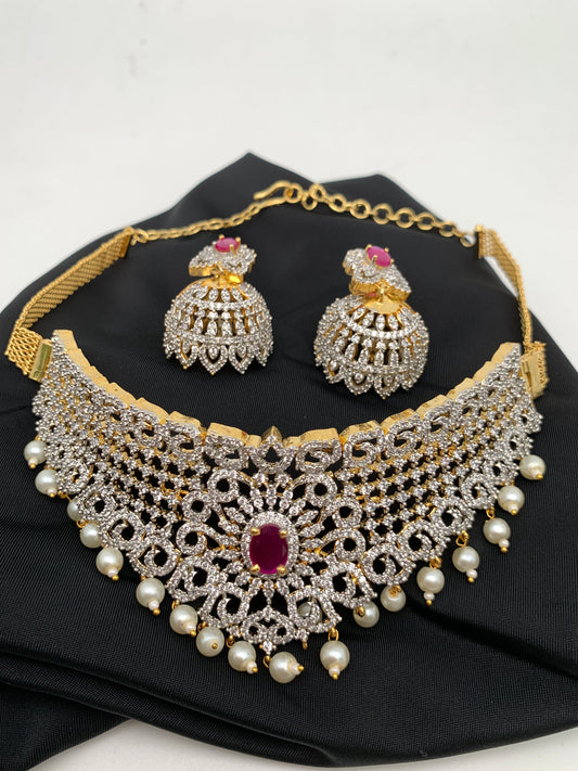 Diamond Finish Ruby and AD Dainty Choker