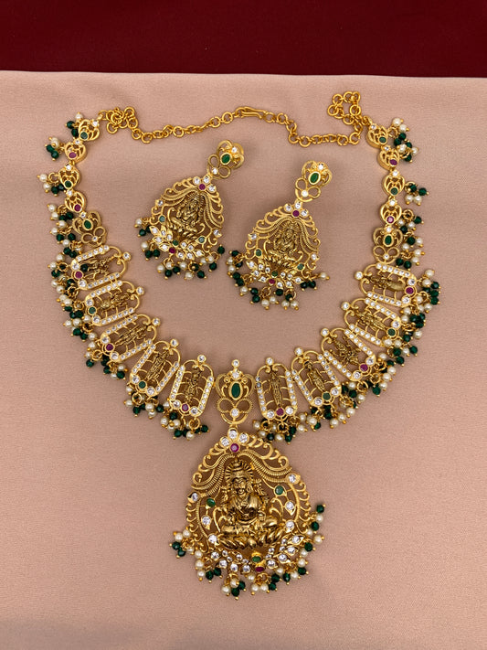 Lakshmi Pendent Dashavataram Necklace with Green Beads and Pearls