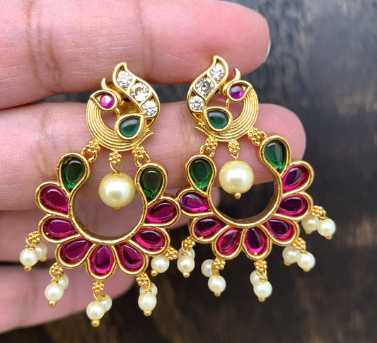 Traditional Matte Finish Golden Red Green Kemp Stone Earrings