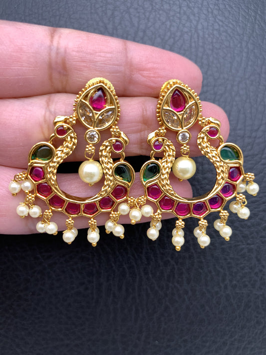 Traditional Golden Red Green Stone CZ and Pearls Earrings