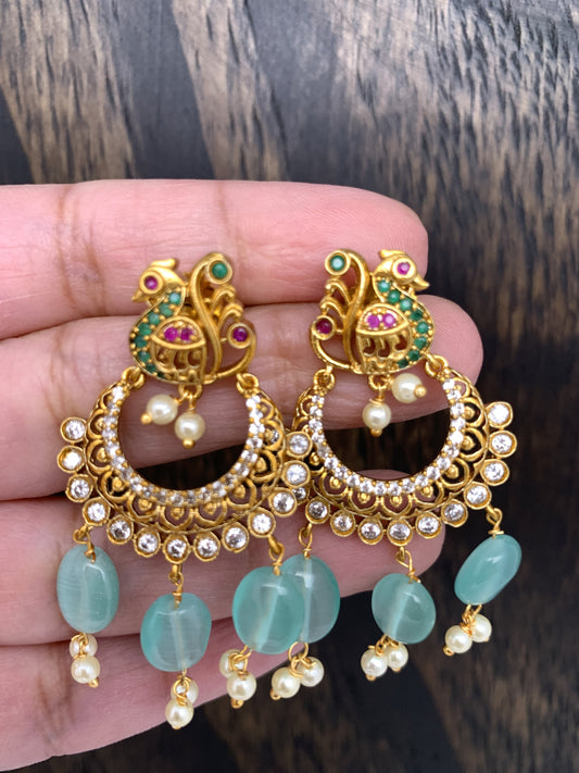 Traditional Chandbali Style Green Monalisa Beads CZ and Pearls Earrings