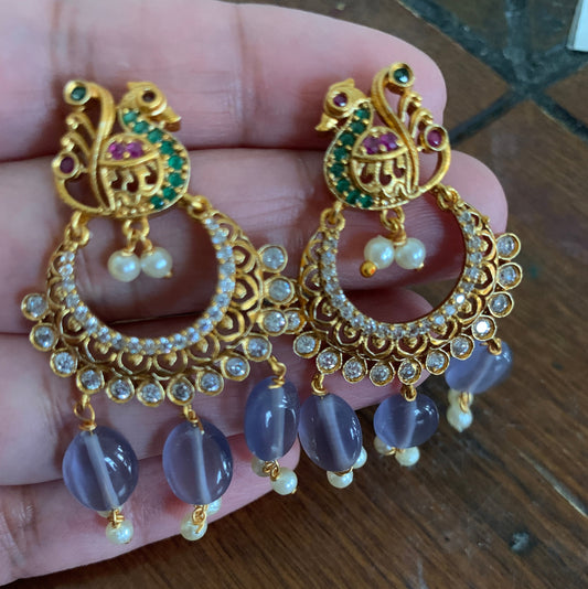 Traditional Chandbali Style Purple Monalisa Beads CZ and Pearls Earrings