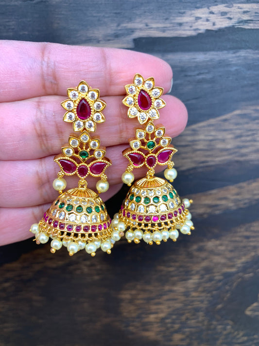 Traditional Golden Red Green Stone CZ and Pearls Earrings