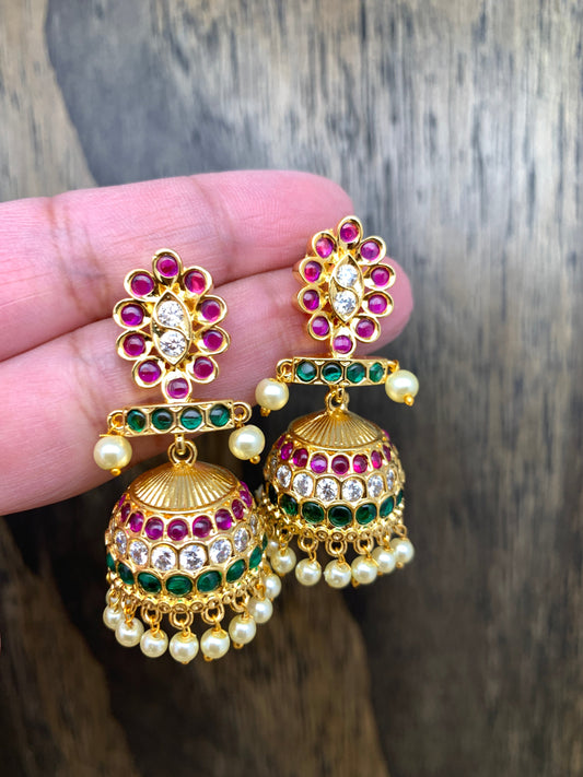 CZ Red Green Kemp and Pearls Jhumki