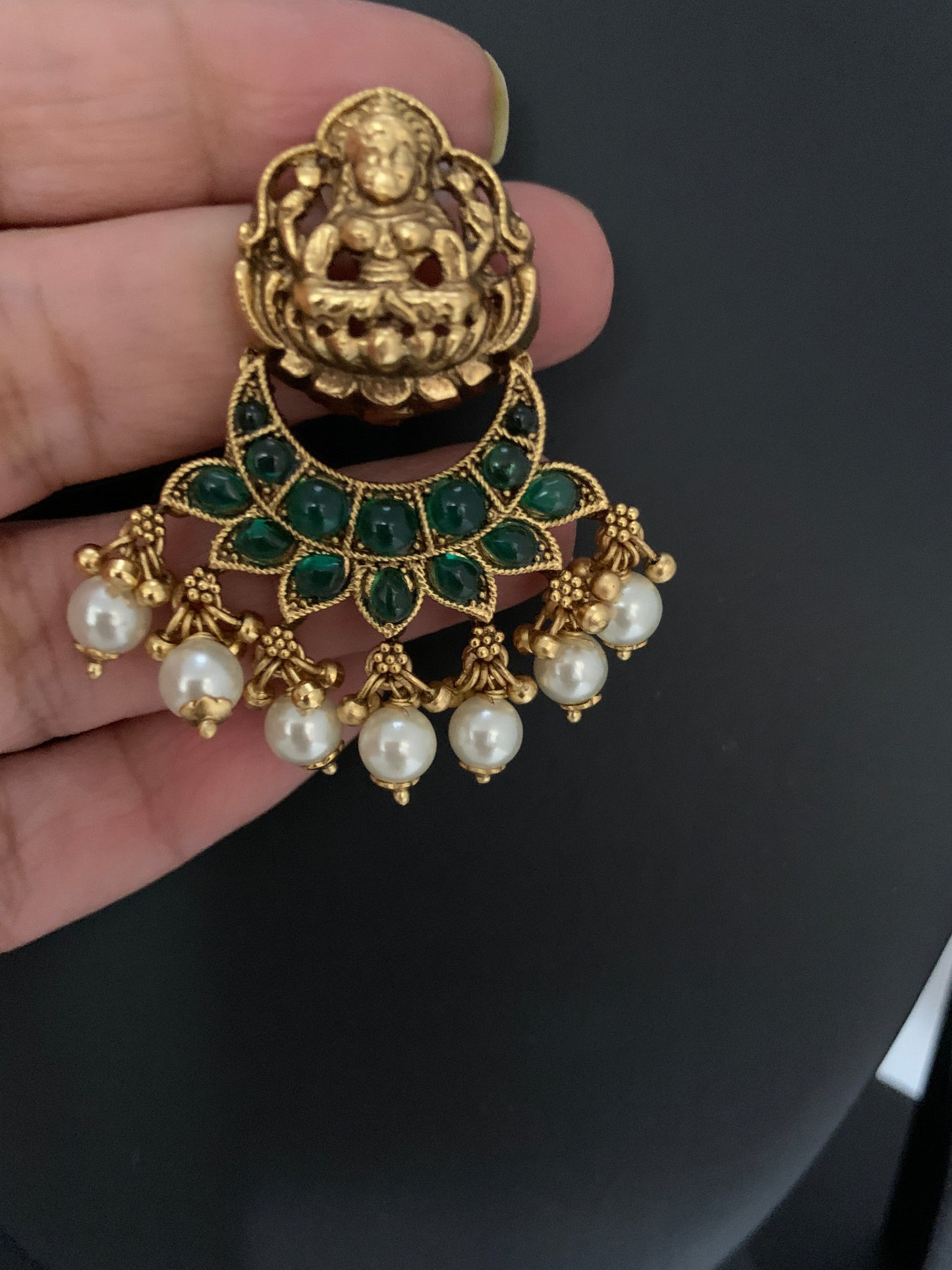 Goddess Lakshmi Green Kemp Pearl Matte Earrings