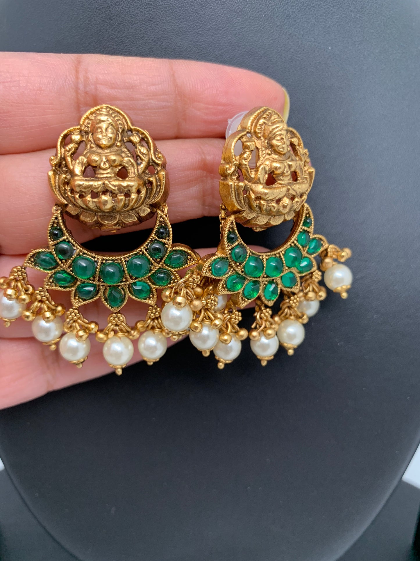 Goddess Lakshmi Green Kemp Pearl Matte Earrings