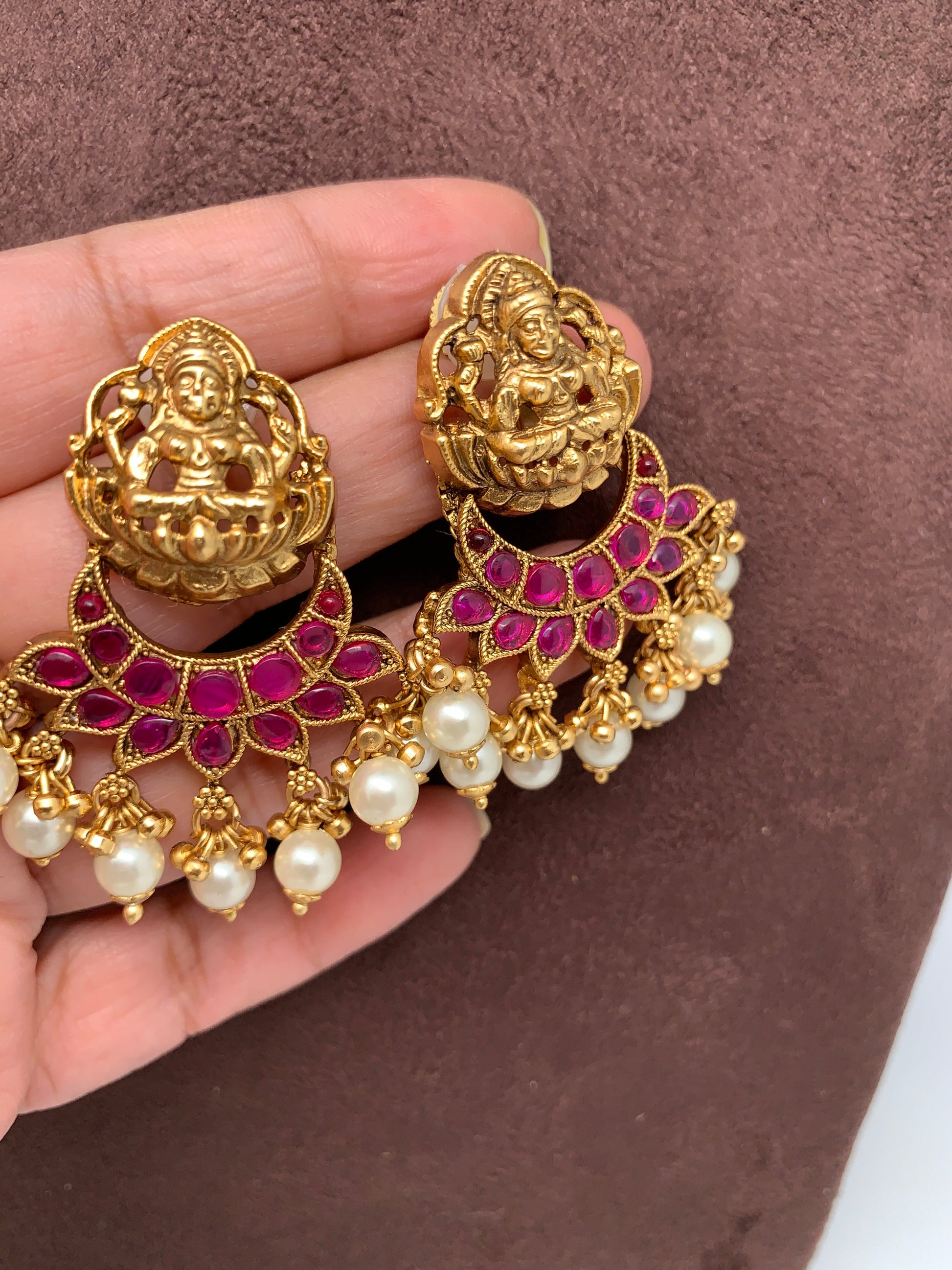 Goddess Lakshmi Red Kemp Pearl Matte Earrings