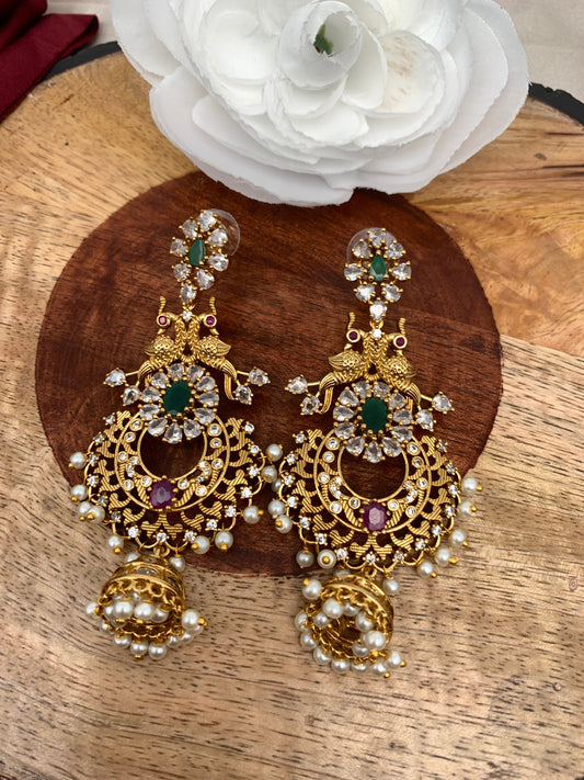 Red Green Stone CZ Peacock Chandbali Earrings