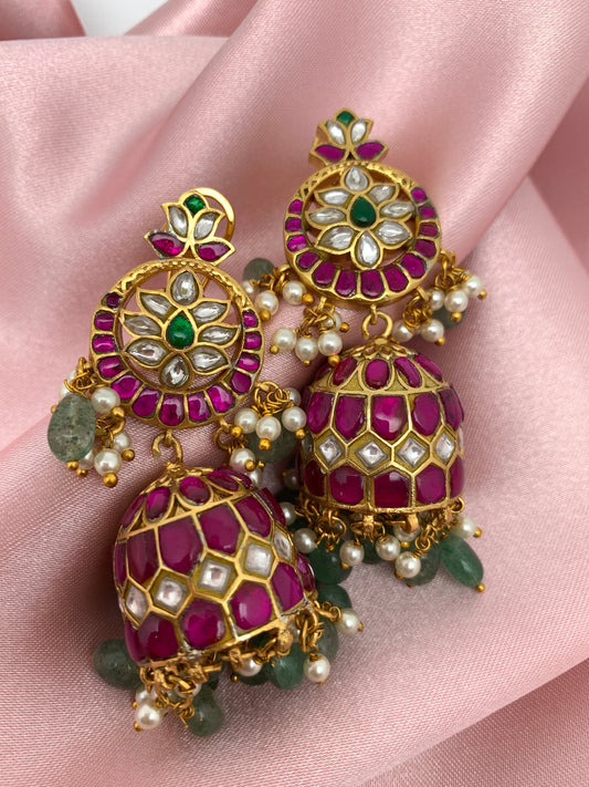 Red Jadau Kundan Emerald Beads Earrings