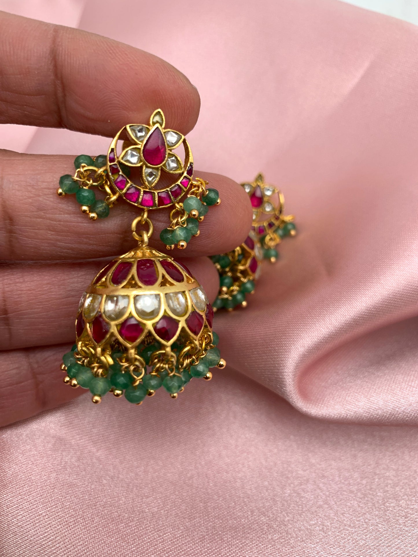 Red Jadau Kundan Green Beads Jhumki