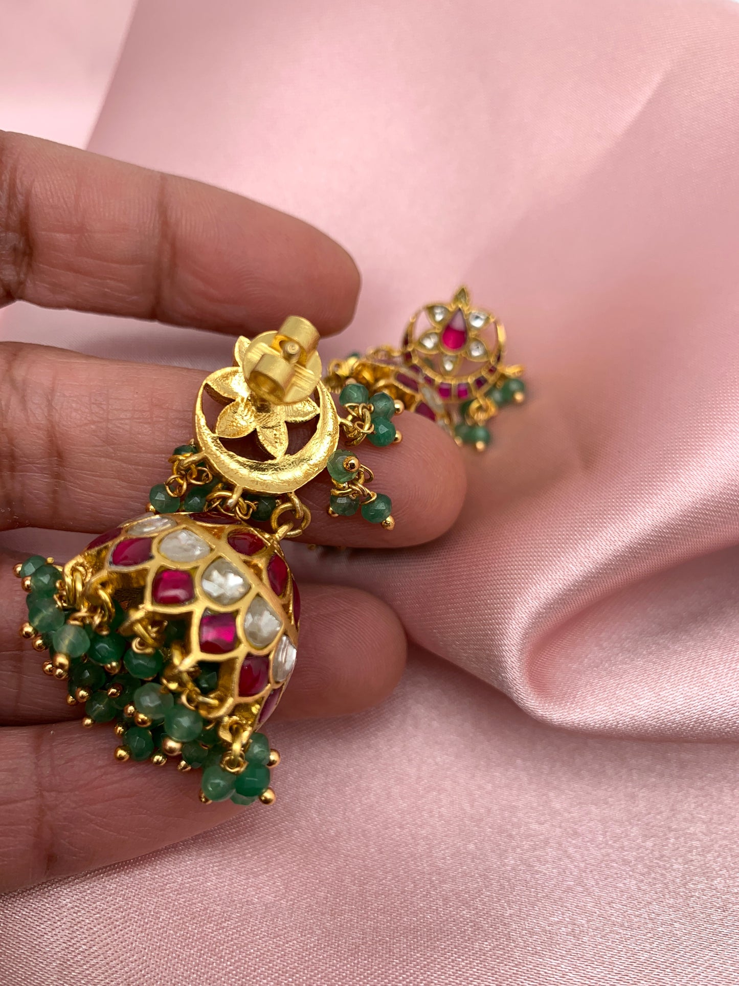 Red Jadau Kundan Green Beads Jhumki