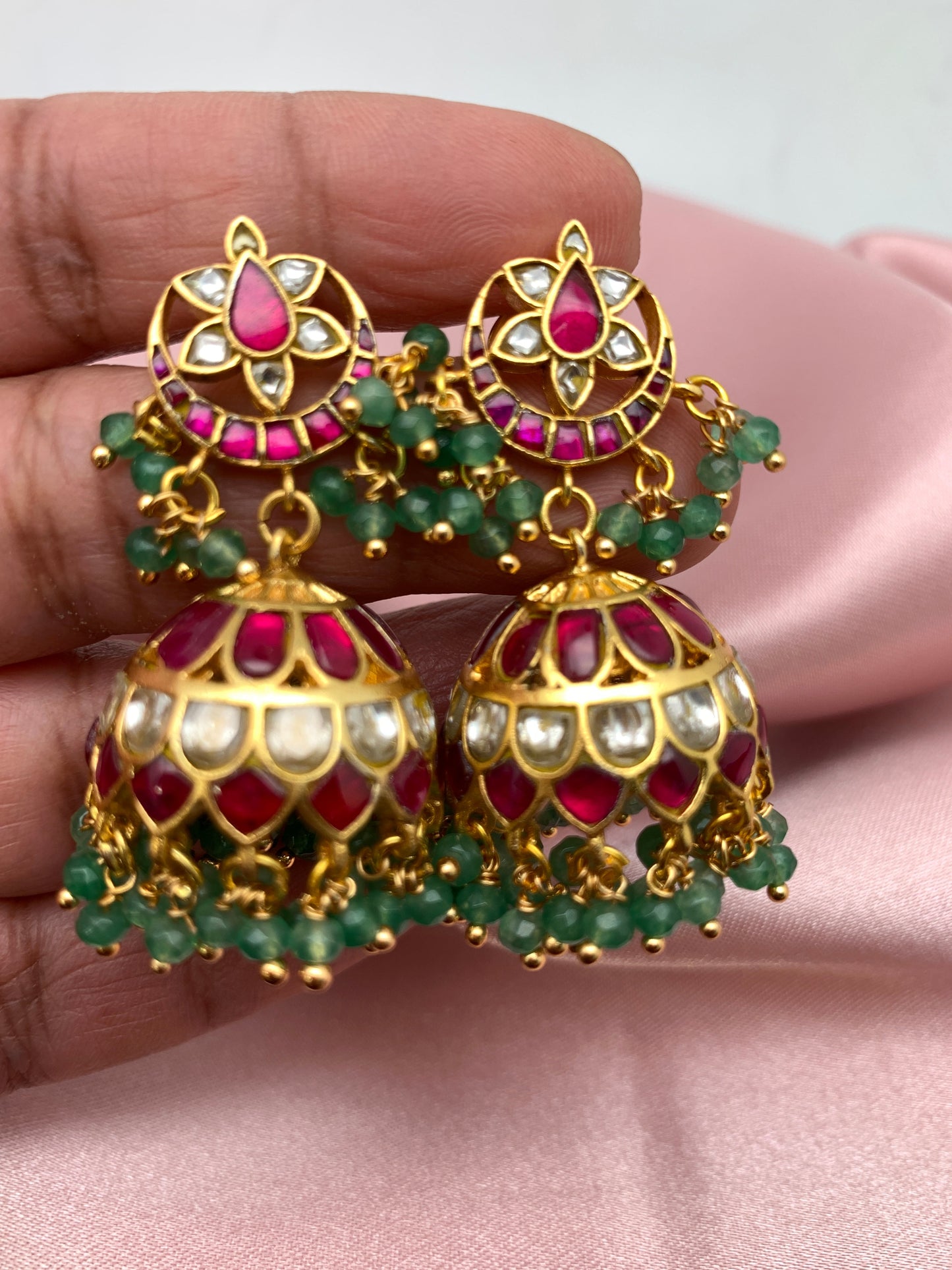 Red Jadau Kundan Green Beads Jhumki