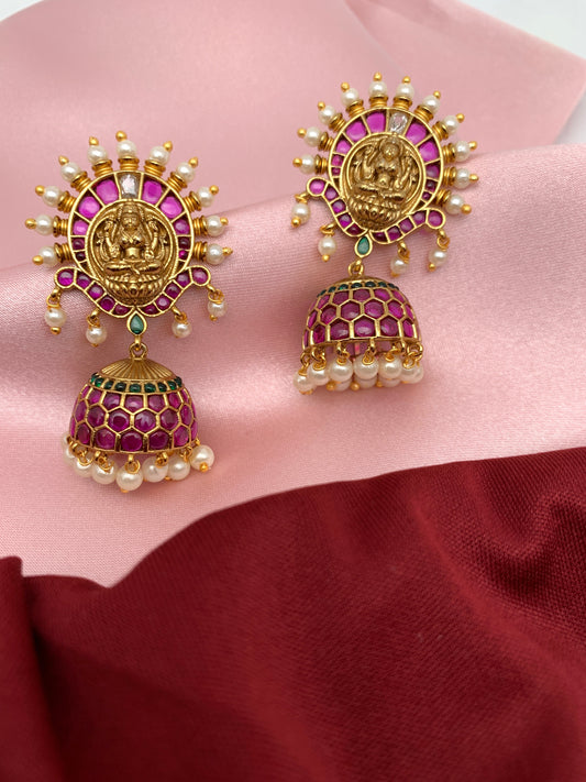 Goddess Lakshmi Red Kemp Matte Finish Jhumki